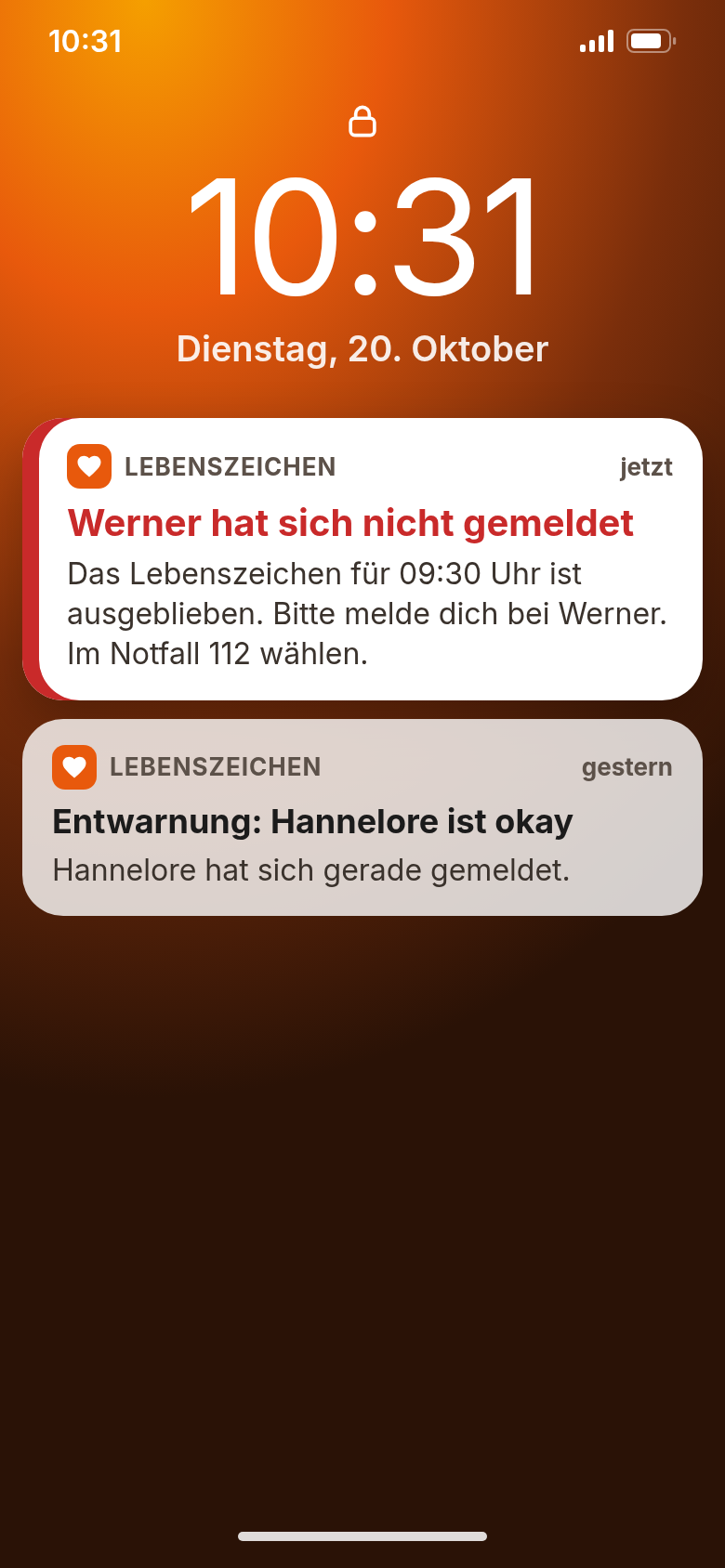 Sperrbildschirm: „Werner hat sich nicht gemeldet“, darunter die Entwarnung von gestern